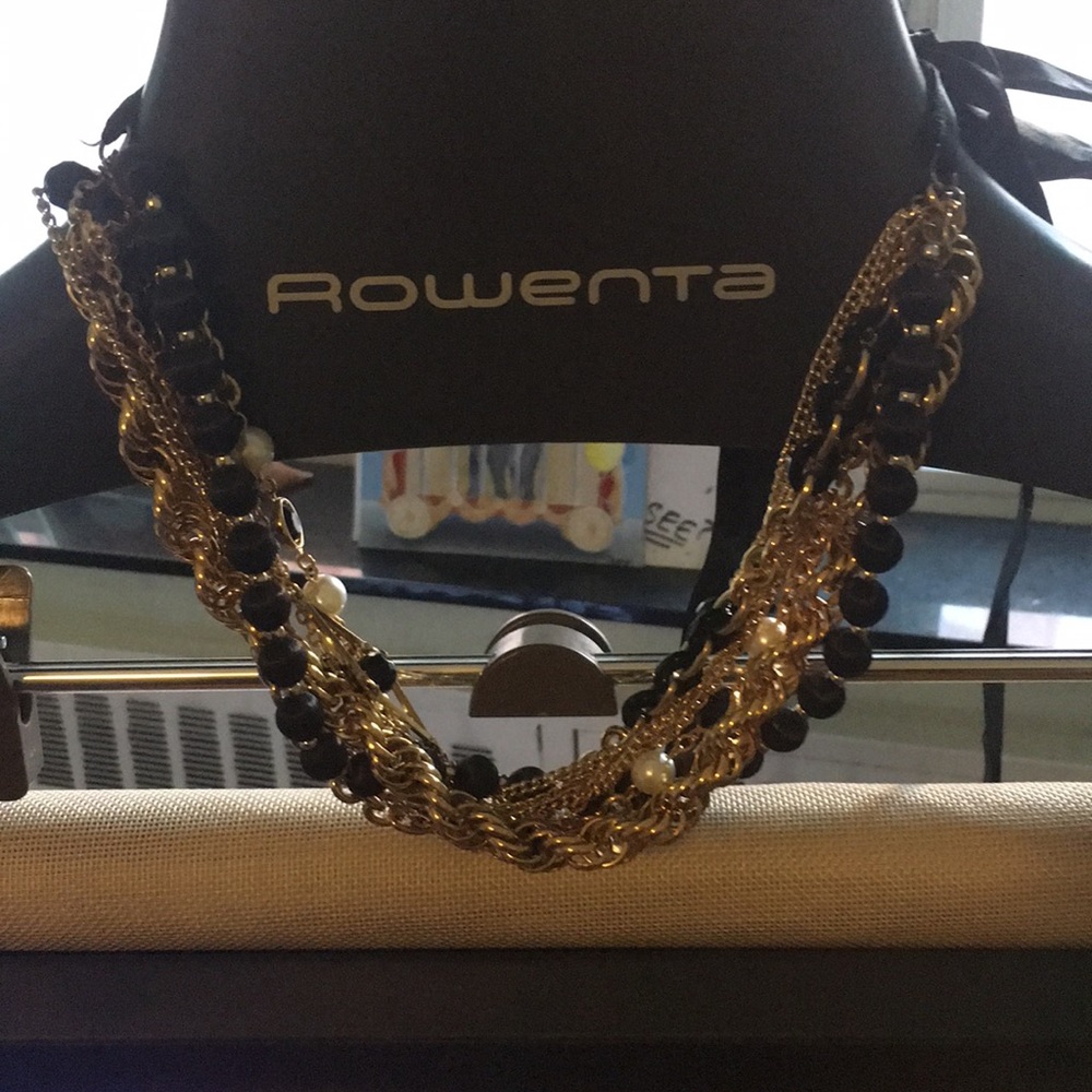 Multi strand black gold and white ribbon necklace